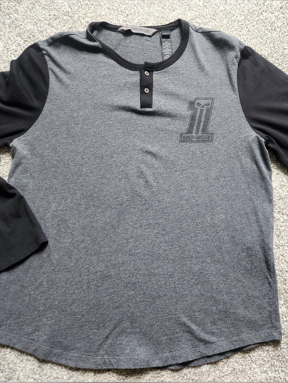 Mens Harley-Davidson Grey and Black Raglan Henley Long Sleeve Tee